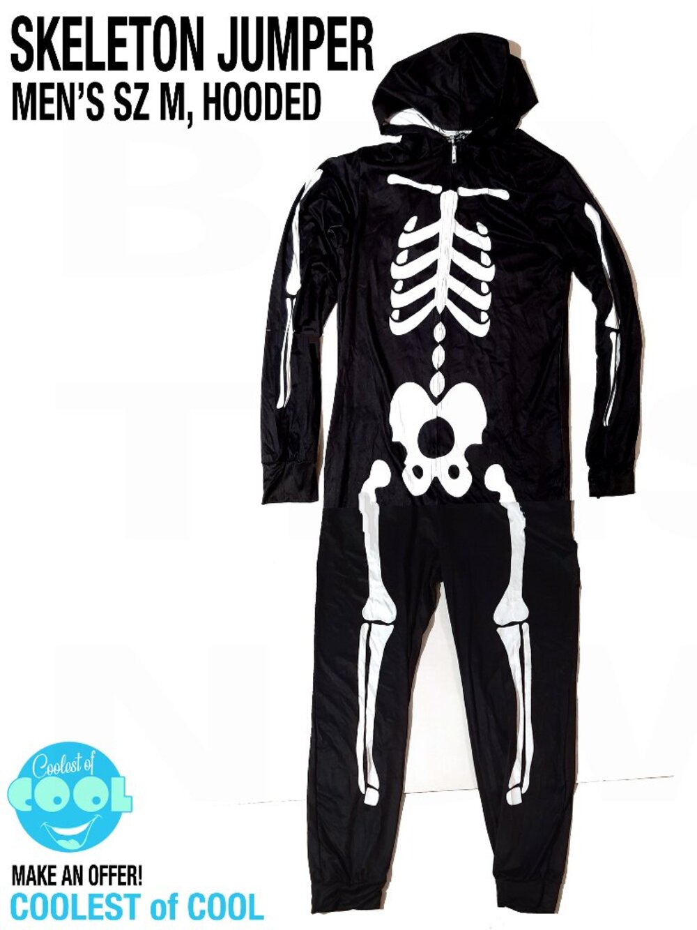 Skeleton Bones Halloween Costume Men's Medium jumpsuit black hooded zip up NEW